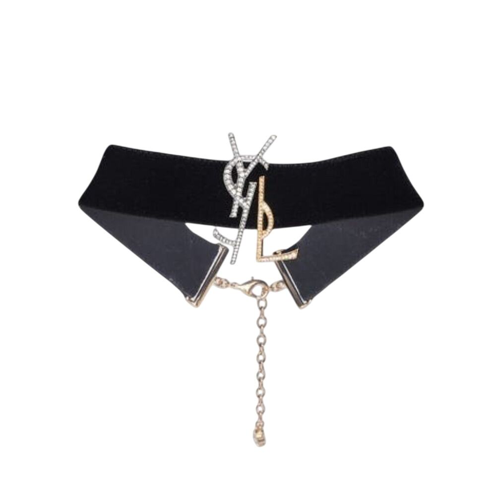 Yves Saint Laurent Black Velvet Crystal YSL Metal Logo Choker Necklace